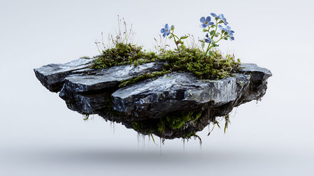 Moss and blue flowers on a rock isolated on a white backgroundの素材