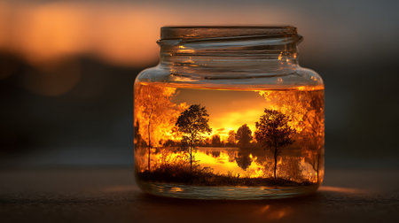 Sunset in a glass jar with trees and lake in the backgroundの素材