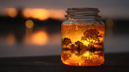 Sunset in a glass jar with a tree on the background.の素材