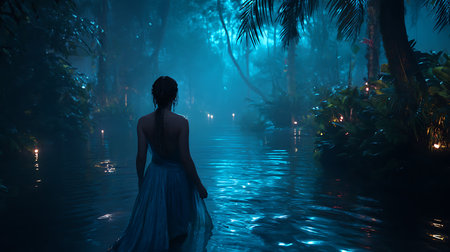 Silhouette of a woman in a blue dress standing in the middle of a swamp in a foggy forestの素材
