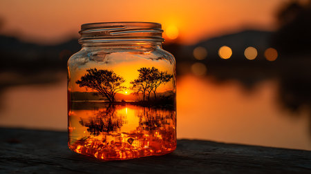 Sunset in a glass jar with tree on the lake background.の素材