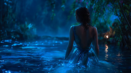 Young woman relaxing in a hot tub in the rainforest at nightの素材