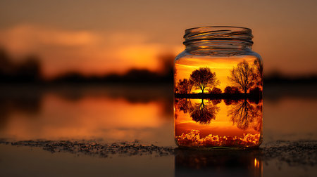 Sunset in a glass jar with trees on the background of the lakeの素材