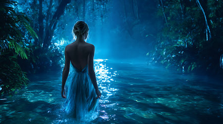 Young woman in blue dress in the tropical forest. 3d renderingの素材