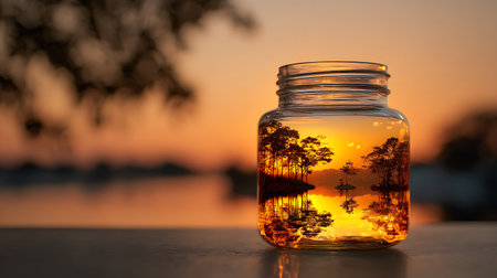 Sunset in a glass jar with tree silhouettes in the foregroundの素材