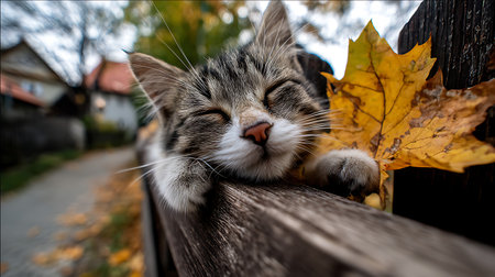 Cute tabby cat lying on a wooden fence with autumn leavesの素材