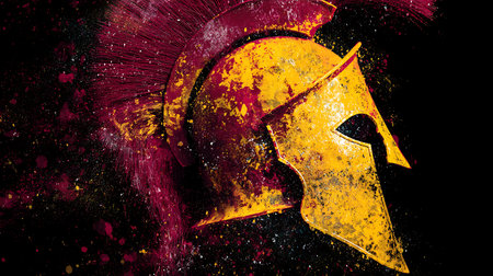 Spartan helmet with paint splashes, grunge background.の素材