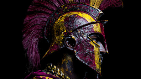 Close-up portrait of a viking warrior in a helmet on a black backgroundの素材