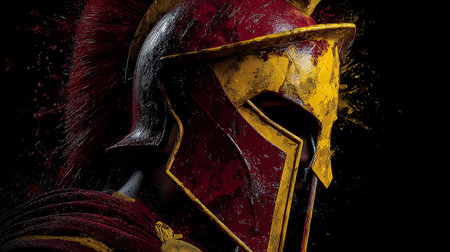 Roman soldier helmet with paint splashes on a black background. 3d renderingの素材