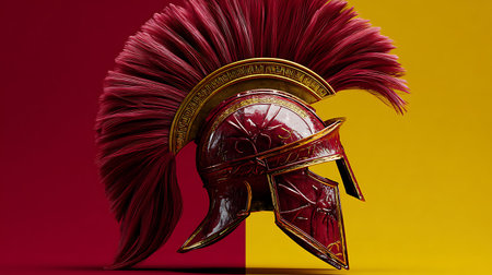 Spartan helmet with red paint on a yellow background. 3d renderingの素材