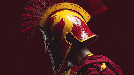 Roman legionary soldier oradiator in red uniform and helmet over dark backgroundの素材