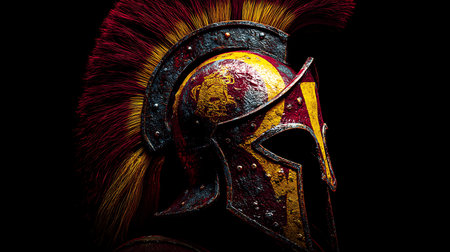 Spartan helmet with fire on a black background. 3d illustrationの素材