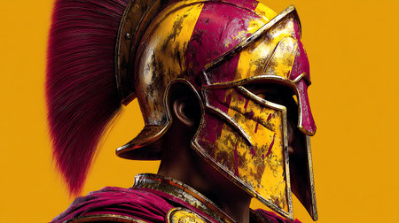 Roman legionary soldier in armor. Studio shot over yellow background.の素材