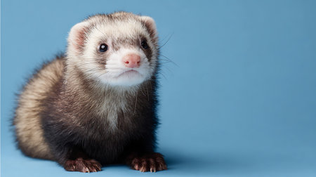 Portrait of a ferret on a blue background with copy spaceの素材