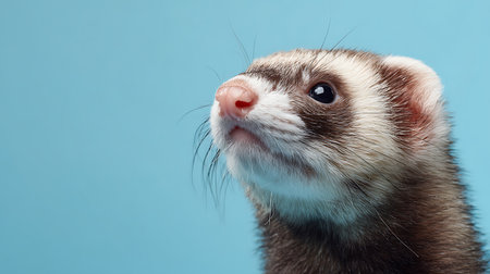 Portrait of a ferret on a blue background. Close-up.の素材