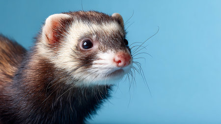 Portrait of a ferret on a blue background close-upの素材