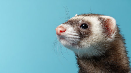 Portrait of a ferret on blue background. Studio shot.の素材