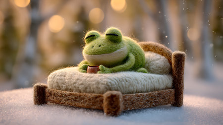 Frog on a sleigh in the snow. Christmas background.の素材