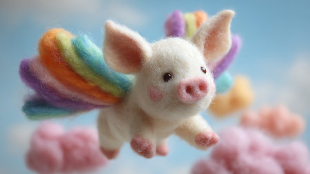 Cute little pig with rainbow hair on cloud background, closeupの素材