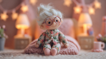 Cute little girl in glasses sitting on a soft pink knitted blanket.の素材