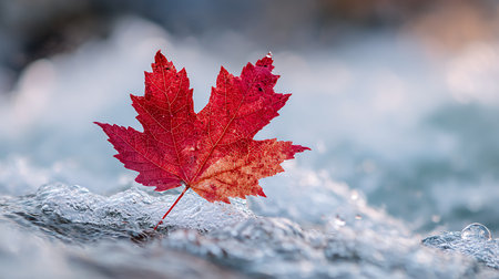 Red maple leaf on a frozen lake in the forest. Autumn season.の素材