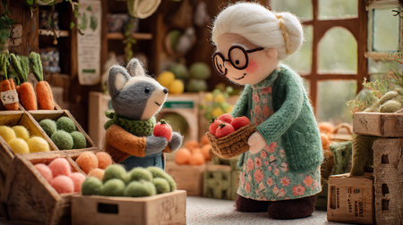 Funny old woman and a toy bear in front of a market stallの素材
