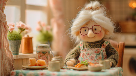 Old woman doll with glasses sitting at the table in the kitchen.の素材