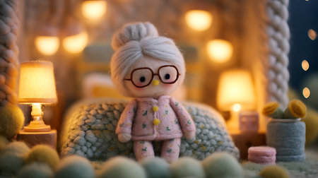 Cute knitted doll with glasses sitting on a bed in a cozy roomの素材