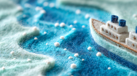 Blue fabric with a ship and beads close-up macro photography.の素材