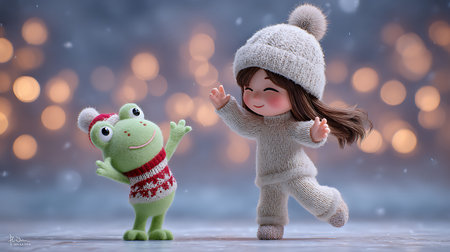 Cute little girl and frog in winter clothes on bokeh backgroundの素材