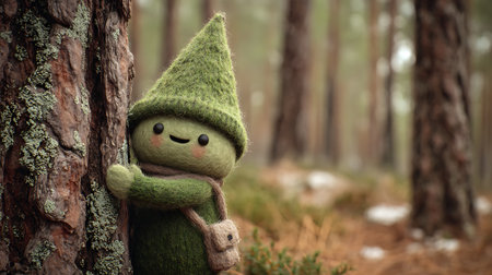 Funny green toy snowman in the forest. Christmas concept.の素材