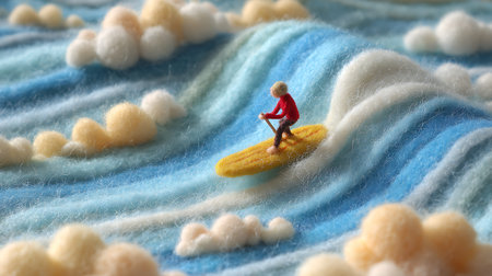 Miniature people: Surfer sitting on the surfboard. Surfing concept.の素材