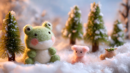 Funny toy animals in the snow. Christmas and new year concept.の素材