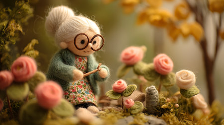 Handmade crochet doll in garden with flowers. Selective focus.の素材