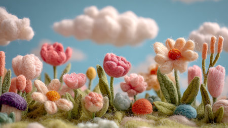 Colorful handmade felt flowers on blue sky background with white clouds.の素材