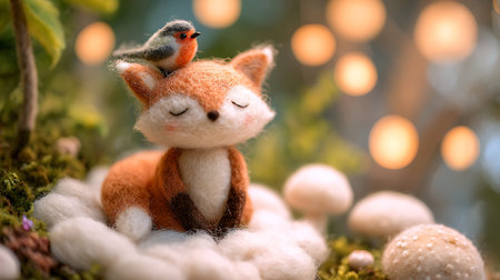 Cute little fox and bird on moss with bokeh backgroundの素材