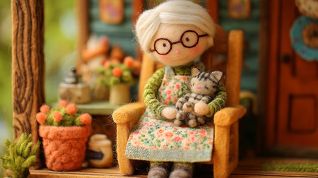 A doll with glasses sitting on a rocking chair in the garden.の素材