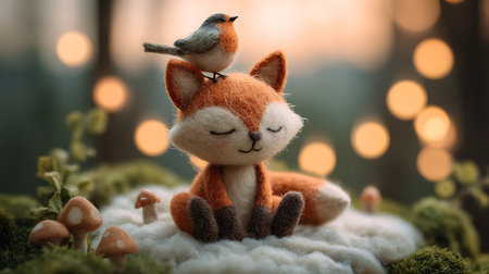 Cute little fox and bird sitting on a soft toy in the forestの素材