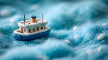 Wooden toy boat on a blue knitted background. Selective focus.の素材