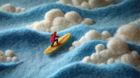 Man riding on a surfboard in the clouds. 3d illustrationの素材