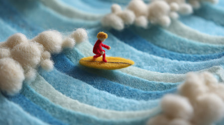 Miniature people: Surfer riding a surfboard on the seaの素材