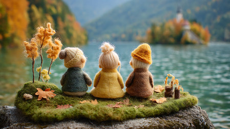 Warm woolen handmade knitted gnomes with autumn leaves on the background of lake Bled, Sloveniaの素材