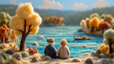 Handmade knitted woolen dolls sitting on a boat on the lakeの素材