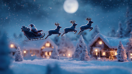 Santa Claus flying on a sleigh with reindeers in the night.の素材
