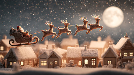 Santa Claus flying in sleigh with reindeers over houses.の素材