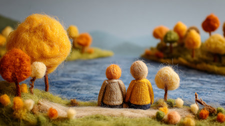 Group of handmade woolen toy chicken sitting on a nest with yellow flowersの素材