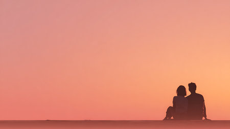 Silhouette of a man and woman sitting on the beach at sunsetの素材