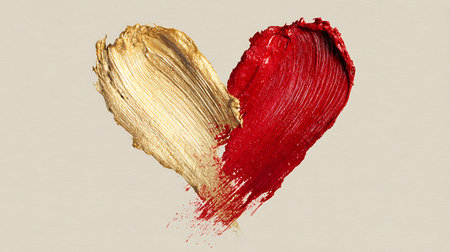Red and gold heart-shaped lipstick stroke on a white background.の素材