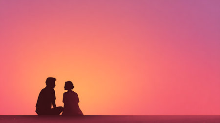 Silhouette of a man and a woman sitting in front of the sunsetの素材