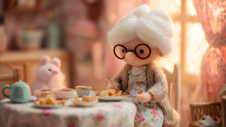 Cute little girl in glasses sitting at the table and eating cookiesの素材